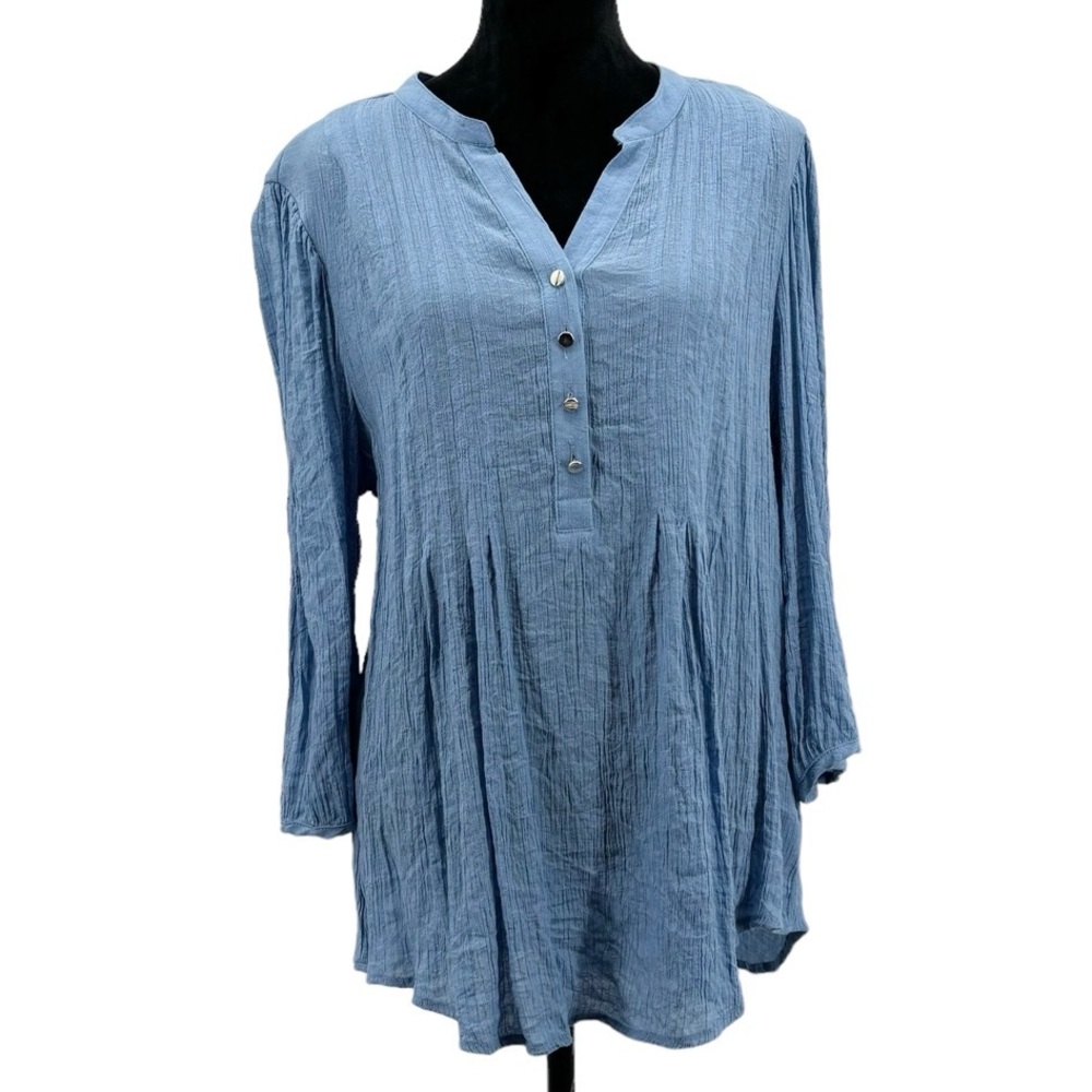 Cocomo Woman Blue Faux Button Down 3/4 Sleeve Empire Waist Peplum Crinkle Top 2X